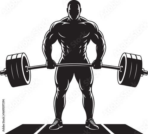 Muscular man lifting a barbell on a platform on a white background fitness workout