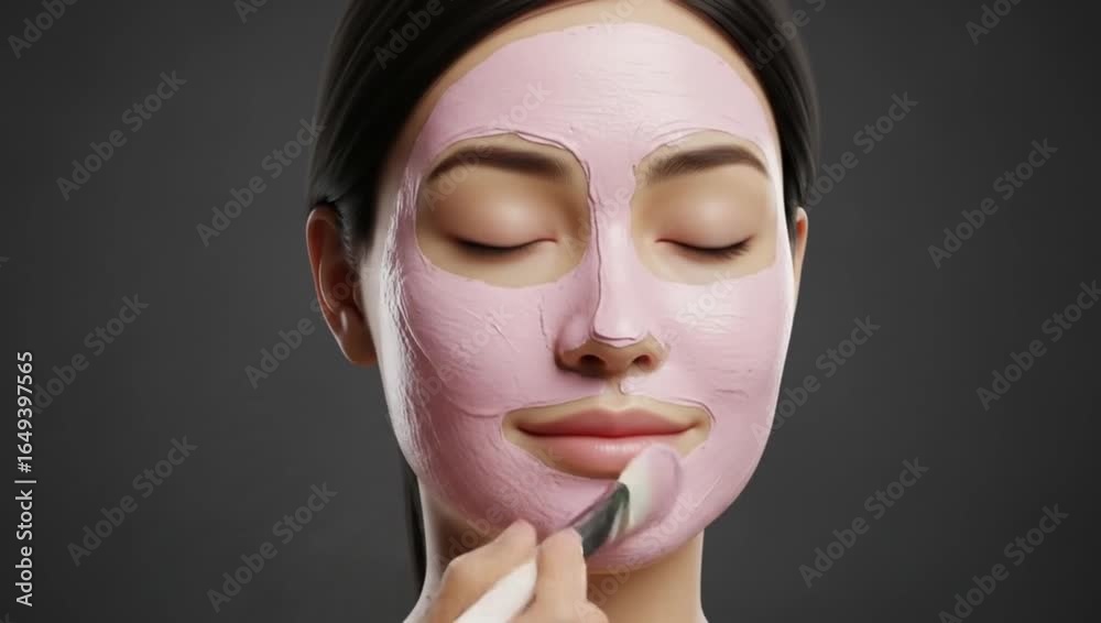 An Asian woman applying a pink clay face mask for a detoxifying and purifying beauty spa treatment at home. An Asian woman applying a pink clay face mask for a detoxifying and purifying beauty spa treatment at home.