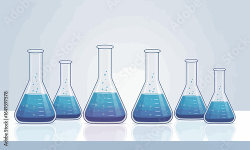 Row of Science Flasks with Blue Liquid and Bubbles, Laboratory Glassware
