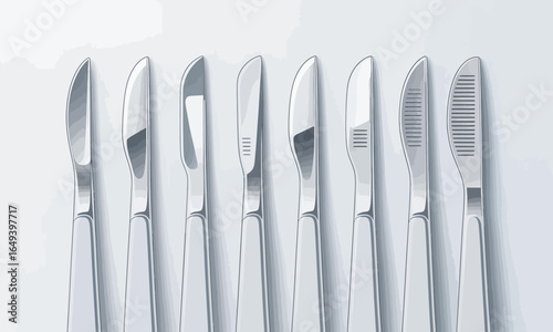 Set of eight different metallic surgical scalpels with various blade shapes and textures.