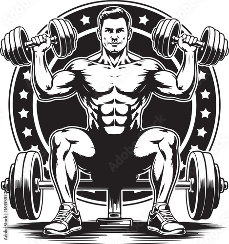 Muscular man lifting dumbbells on a bench with barbells on a white background fitness workout
