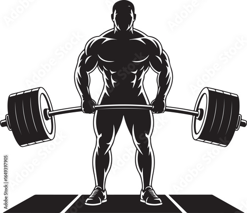 Muscular man performing deadlift with barbell on white background male bodybuilder