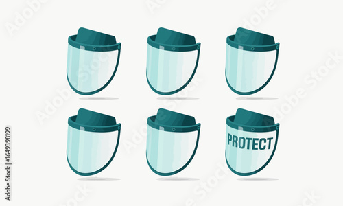 Wallpaper Mural Set of six teal protective face shields with transparent visors, one with 'PROTECT' text, vector illustration. Torontodigital.ca
