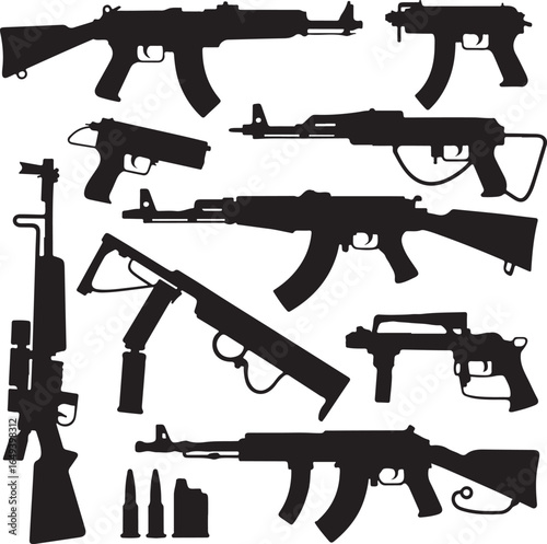 Assortment of rifle and pistol silhouettes with ammunition shotgun machine gun