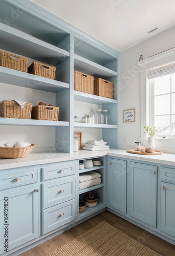 A bright and beautifully organized laundry room or pantry with light blue cabinetry, open shelving with wicker baskets, and a clean, modern farmhouse aesthetic.
