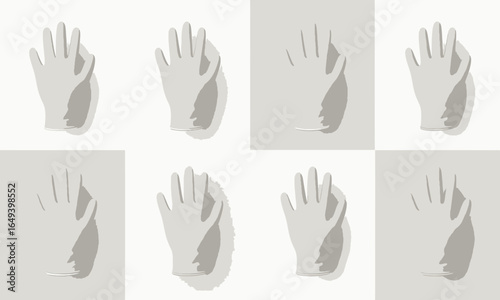 Simple flat illustration of a light grey disposable medical glove with an open hand.