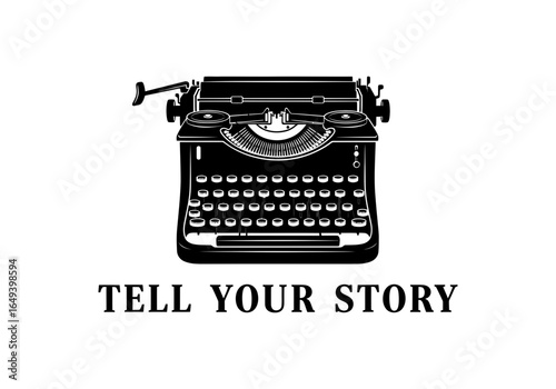 Vintage typewriter with text tell your story isolated on white background