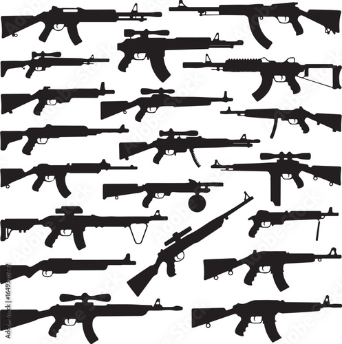 Collection of various assault rifles and sniper rifles in silhouette weapon firearm