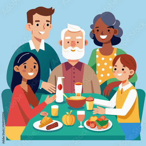 Multigenerational Family Sharing Meal Vector Illustration
