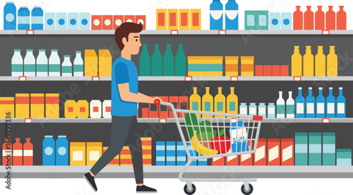 Man pushing a shopping cart in a grocery store aisle with shelves of products.