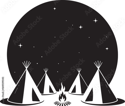 Campfire under starry night sky with teepees