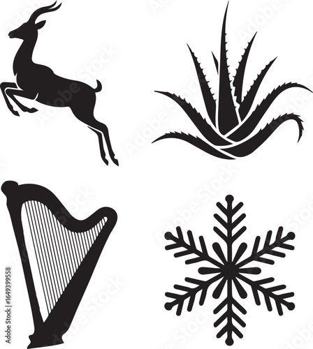 Elegant Black Silhouettes: Leaping Antelope, Aloe Vera, Harp, and Snowflake; Modern Minimalist Design.