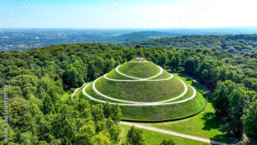 Piłsudski’s Mound in Kraków, Poland. The highest artificial mound in Poland. Erected 1934-1937 to commemorate marshal Józef Piłsudski and Independence of Poland. Aerial view. Cracow in the background