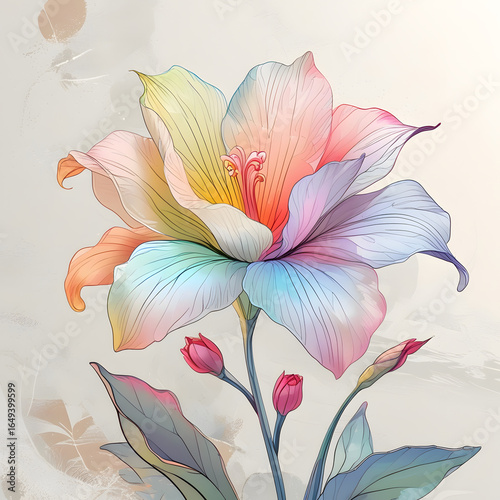 Colorful Flower with Pastel Petals and Leaves Illustration
