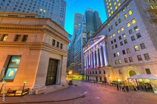 New York, New York, USA Lower Manhattan Financial district cityscape at dawn.
