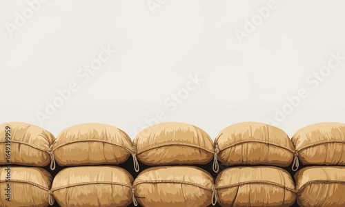 Stacked Sandbags with Rope Ties, Tan Fabric Texture, Military Defense