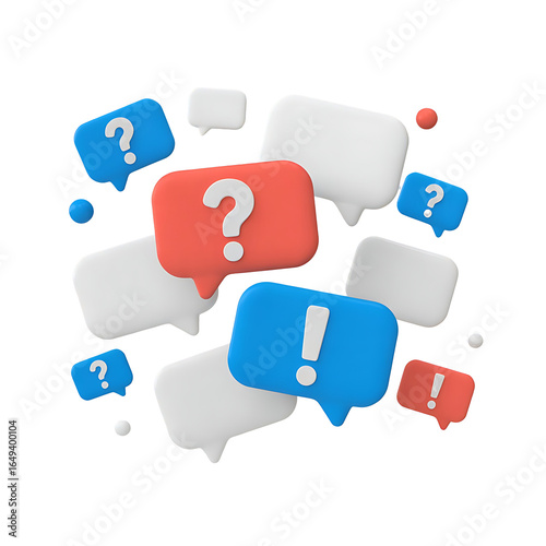 Collection of colorful speech bubbles with question and exclamation marks isolated on transparent background