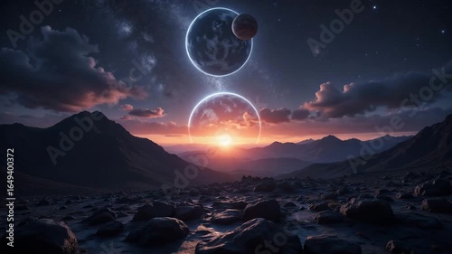 Cosmic lens flare casts an ethereal glow over a rocky alien landscape, with planets aligned in sky. Cosmic lens flare effect creates a dreamy atmosphere, enhancing mountains and celestial bodies.