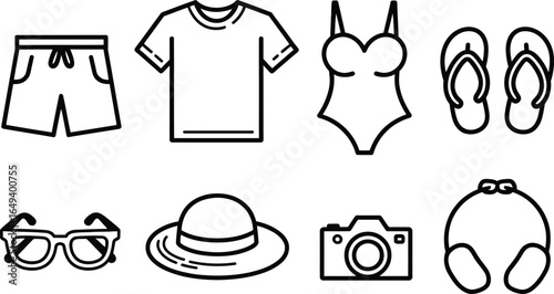 Outline Summer Set with Shorts, Tshirt, Swimsuit, Flip Flops, Hat, Camera, Glasses
