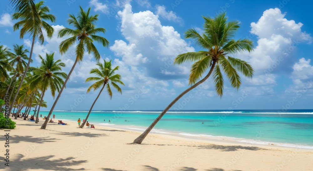 Obraz premium Tranquil Tropical Beach Scene with Palm Trees and Turquoise Water