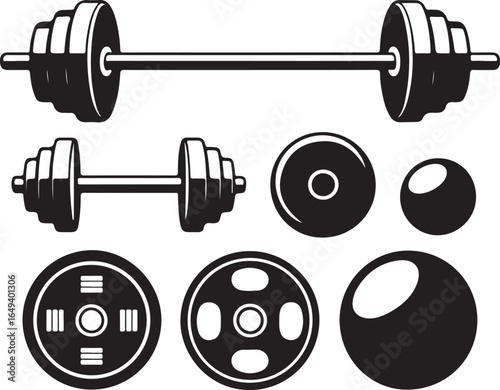 Collection of weightlifting equipment including barbells dumbbells and weight plates fitness exercise