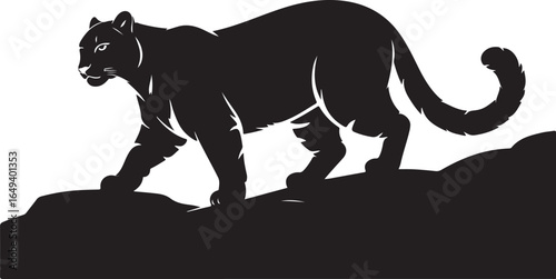 Sleek black panther prowls across rocky terrain powerfully