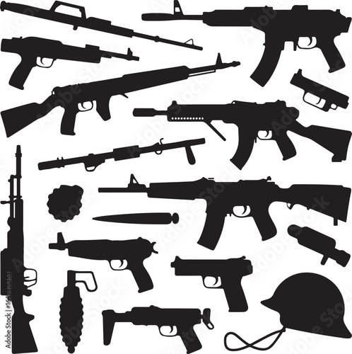 Silhouette collection of various firearms and military equipment on white rifle shotgun
