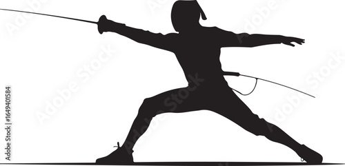 Dynamic fencer lunges forward ready to strike with sword