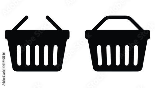 Vector art of two shopping baskets isolated on white background, one with handles up and the other with handles down, representing consumerism, retail, and the act of purchasing goods and products