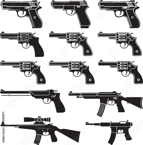 Collection of pistol and rifle firearm silhouettes with scopes and revolvers handgun