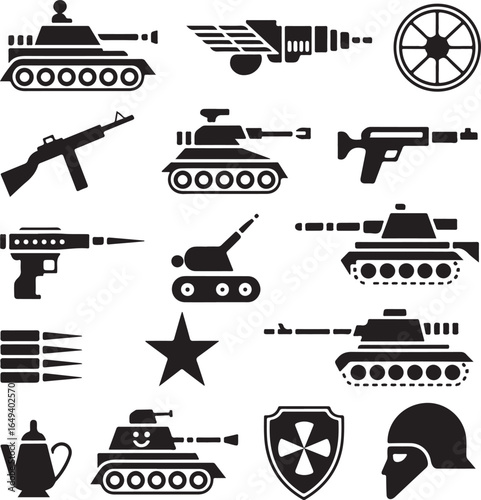 Military and weapon icons including tanks guns bullets star shield helmet and teapot pistol rifle