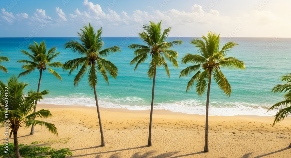 Obraz premium Tranquil Tropical Beach Scene with Palm Trees and Turquoise Water