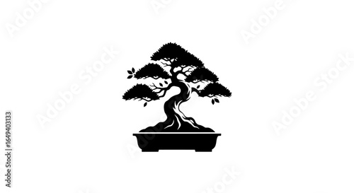 A stylized black and white illustration of a bonsai tree in a pot.