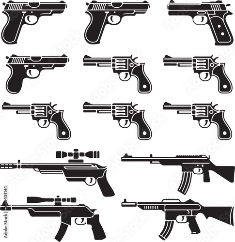 Collection of pistol and rifle firearm silhouettes with scopes and revolvers handgun