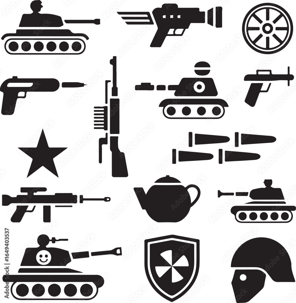 Naklejka premium Military and weapon icons including tanks guns bullets star shield helmet and teapot pistol rifle