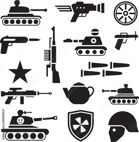 Military and weapon icons including tanks guns bullets star shield helmet and teapot pistol rifle