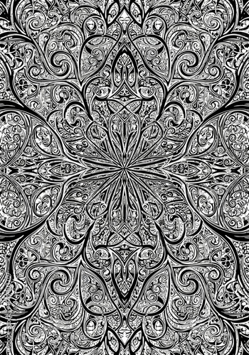 Intricate black and white symmetrical ornamental pattern with swirling floral motifs and a central starburst design.