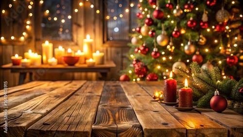 Photo of cozy christmas scene with a decorated tree, glowing candles, and warm lights on a rustic wooden table, creating a festive and inviting holiday atmosphere indoors