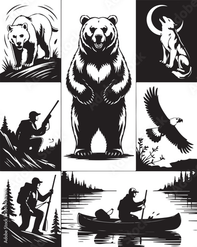 Wilderness adventure scenes with bear, wolf, eagle, hunters