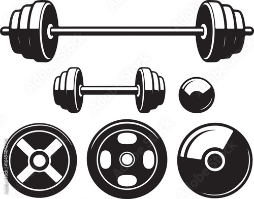 Collection of black and white weightlifting equipment and gym accessories barbell dumbbell