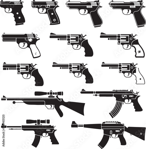Assortment of handgun, revolver, and rifle silhouettes on white background pistol firearm