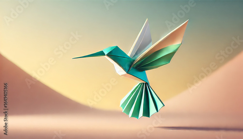 A minimalist 3D-rendered origami-style hummingbird hovering in mid-air against a smooth pastel background
