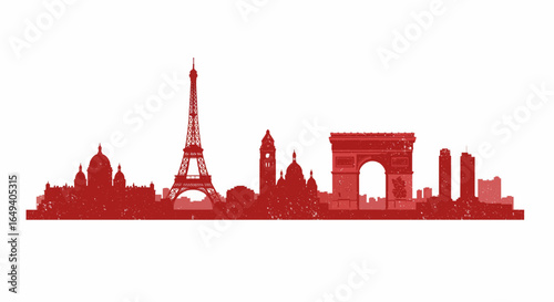 Vintage Paris Skyline Vector Red Silhouette