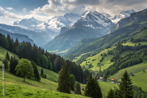 Scenic surroundings near the resort Wengen. Great and gorgeous scene. Famous tourist attraction. Location place Swiss alp, Lauterbrunnen valley, Bernese Oberland, Europe. Discover the world of beauty.