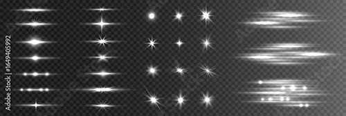 Set of luminous light beams radiant stars, and sparkling highlights with swirling neon glow. Magical white light rays, glow beams, and sparkles for festive illustrations with soft, glowing highlights.