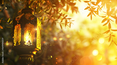 Golden Ramadan Lanterns Hanging from Tree Branch with Warm Glowing Lights at Sunset.