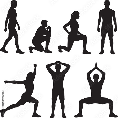 Silhouettes of people in various fitness and yoga poses on white background woman