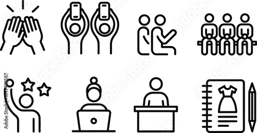 Set of Linear Icons Hands Holding Cellphones Teamwork Sitting Notebook