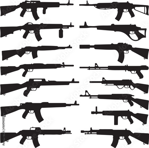 Assortment of rifle and firearm silhouettes for military and sport weapon assault rifle