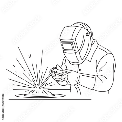 A line art illustration of a welder wearing a protective mask and gloves while joining metal with sparks.